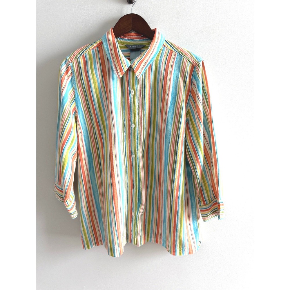 Koret‎ Womens Multi Color Rayon linen blend Stripe Button Down Shirt 3/4 Sleeve